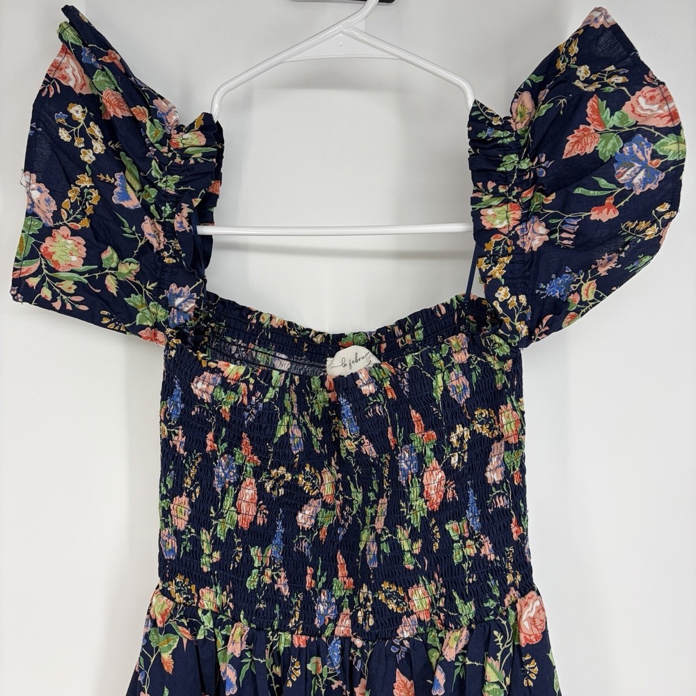 In February Navy Floral Maxi Dress Womens S Off Shoulder Resort Boho Cottagecore